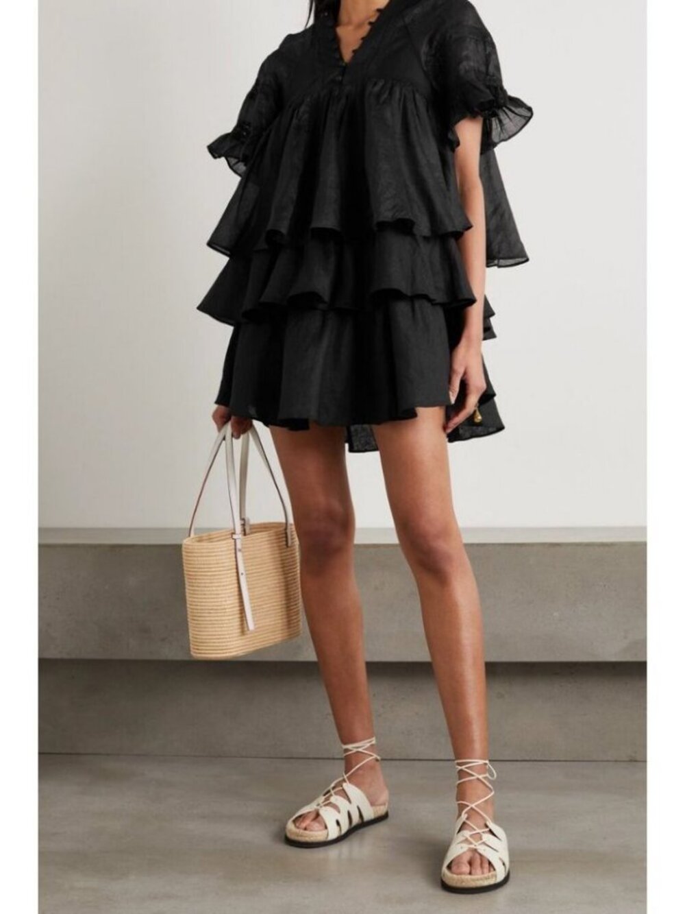 Joslin Net Sustain Ellie Crochet-Trimmed Ruffled Linen Dress Black Size 10